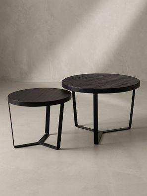 Couchtisch Set - 2-teilig Rund Akazie Massivholz Steinoptik Metall Schwarz Anthrazit