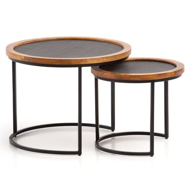 Couchtisch Set - 2-teilig Rund Mango Massivholz Steinoptik Metall Braun Anthrazit