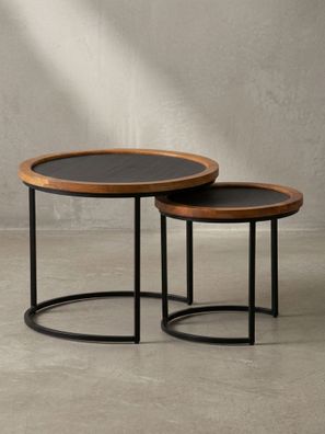 Couchtisch Set - 2-teilig Rund Mango Massivholz Steinoptik Metall Braun Anthrazit