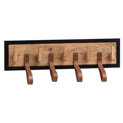 Wandgarderobe Mango Massivholz Echtleder Modern 60x15x6cm mit Schlaufen