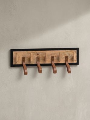 Wandgarderobe Mango Massivholz Echtleder Modern 60x15x6cm mit Schlaufen