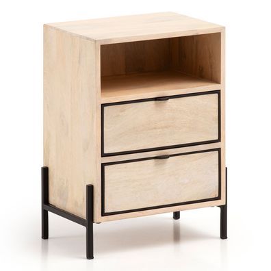 Nachttisch - Mango Massivholz/Metall, 43x60x30cm, 2 Schubladen, braun