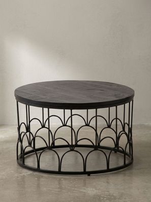 Couchtisch Rund, Schwarz, Mango Massivholz & Metall, Industrial Design, 60x60x36cm