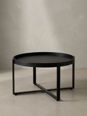Couchtisch Schwarz Mango Massivholz Metall, Rund mit erhöhtem Rand, 60x60x35cm