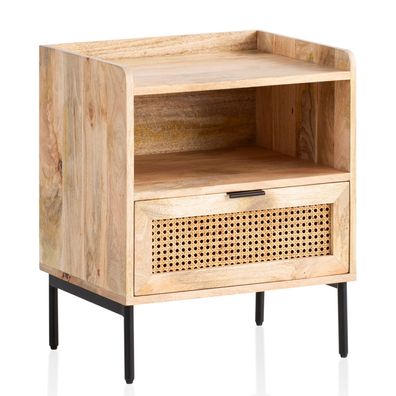 Nachttisch - Mango Massivholz/Rattan, 50x60x40cm, 1 Schublade, Wiener Geflecht