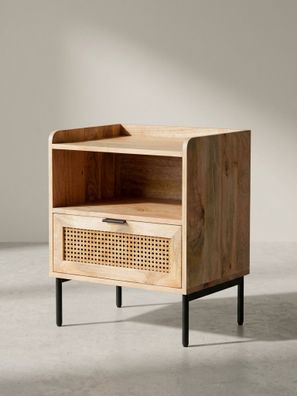 Nachttisch - Mango Massivholz/Rattan, 50x60x40cm, 1 Schublade, Wiener Geflecht