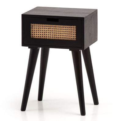 Nachttisch Mango Massivholz Rattan 40x60x30cm Schwarz 1 Schublade Geflecht