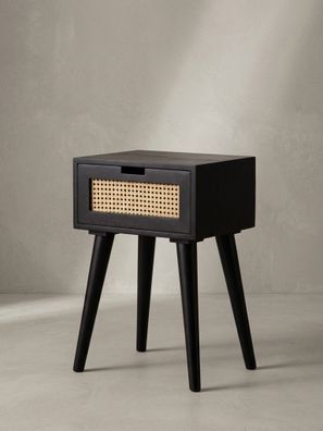 Nachttisch Mango Massivholz Rattan 40x60x30cm Schwarz 1 Schublade Geflecht