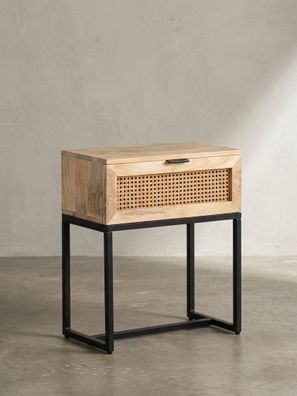Nachttisch - Mango Massivholz/Rattan, 50x60x30cm, 1 Schublade, Wiener Geflecht
