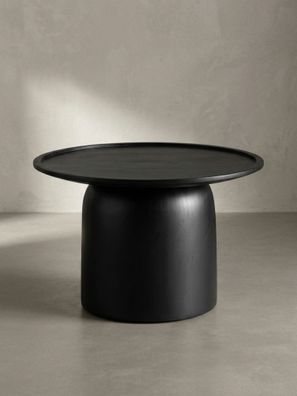 Couchtisch Rund Schwarz Mango Massivholz, 60x60x40cm, Erhöhter Rand, Trommelgestell