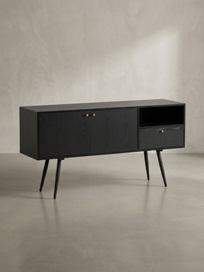 Sideboard - Schwarz/Eiche-Dekor, 140x75x40cm, mit 2 Türen, Schublade, offenes Fach
