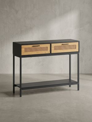 Konsolentisch - Schwarz, 100x30x75cm, mit Wiener Geflecht, Schubladen und Ablage