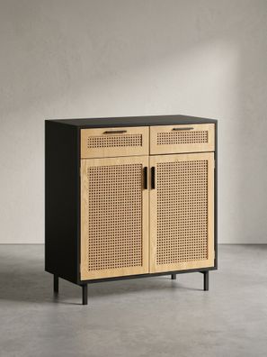 Sideboard - Schwarz, 80x86,5x40cm, mit Wiener Geflecht, 2 Türen, Schubladen, hoch