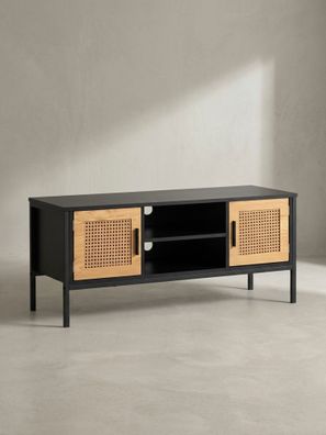Lowboard Eiche-Dekor Schwarz, Wiener Geflecht, 2 Türen, 2 offene Fächer, 110x48x40cm