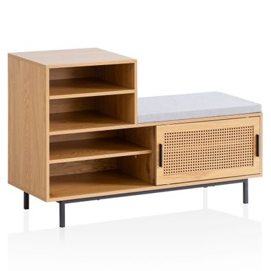 Schuhbank - Eiche-Dekor, 120x75,5x40cm, Rattan-Elemente, Sitzbank gepolstert