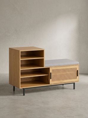 Schuhbank - Eiche-Dekor, 120x75,5x40cm, Rattan-Elemente, Sitzbank gepolstert
