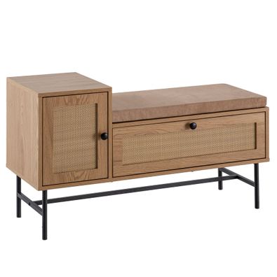 Schuhbank - Eiche-Dekor, 100x60x38cm, Rattan-Elemente, gepolstert, mit Stauraum