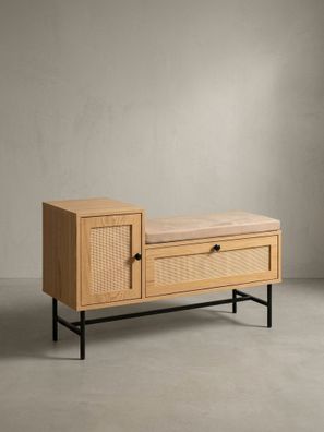 Schuhbank - Eiche-Dekor, 100x60x38cm, Rattan-Elemente, gepolstert, mit Stauraum