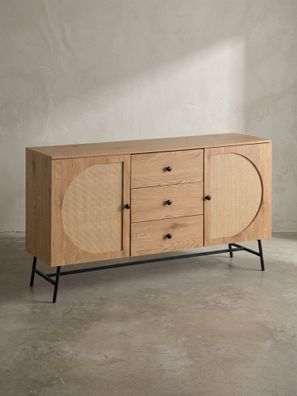 Sideboard - Eiche-Dekor/Rattan, 140x80x40cm, 2 Türen, 3 Schubladen, hoch