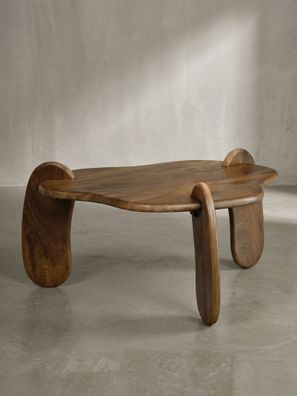 Couchtisch Walnuss, Mango Massivholz, Dreibein, organisch, niedrig, 78x78x39,5cm