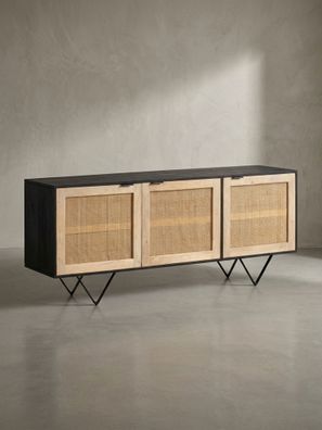 Sideboard - Mango Massivholz/Rattan, 175x75x45cm, 3 Türen, schwarz/braun