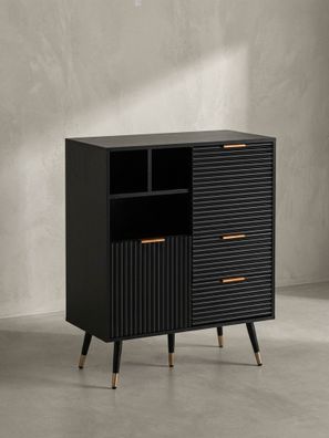 Sideboard Schwarz/Eiche-Dekor 77x97x40cm Türen Schubladen Regal Metallbeine