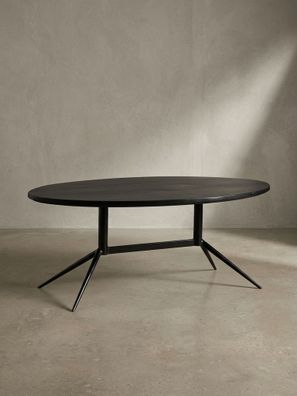 Couchtisch Oval, Schwarz, Mango Massivholz & Metall, Holzmaserung, 90x50x35cm