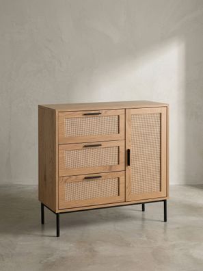 Kommode - Eiche-Dekor/Rattan, 80x82x36cm, 3 Schubladen, 1 Tür, modern