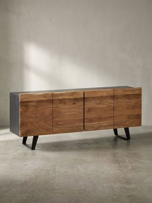 Sideboard - Akazie Massivholz, 180x75x45cm, mit Baumkante, Türen, Metallbeine