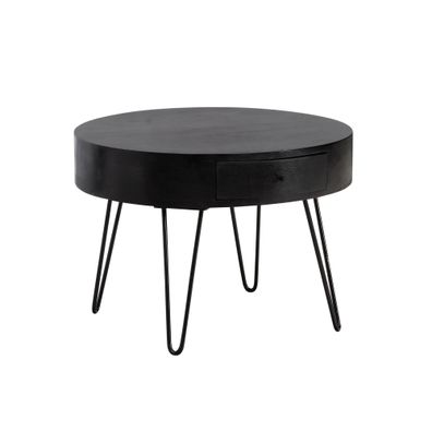 Couchtisch Rund Mango Massivholz & Metall 60x60x43cm mit Schublade & Stauraum