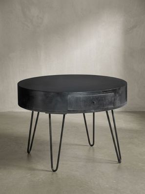 Couchtisch Rund Mango Massivholz & Metall 60x60x43cm mit Schublade & Stauraum