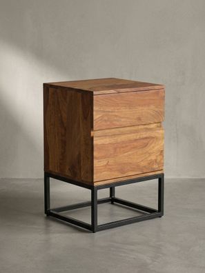 Nachttisch - Massivholz/Metall, 40x38x60cm, 2 Schubladen, Industrial-Stil