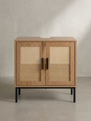 Waschbeckenunterschrank Eiche-Optik 60x60x40 cm mit Türen und Rattangeflecht