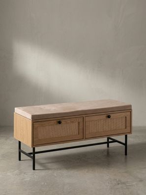 Schuhbank - 100x48x38cm, Eiche-Dekor, Sitzfläche Stoff, mit Schubladen