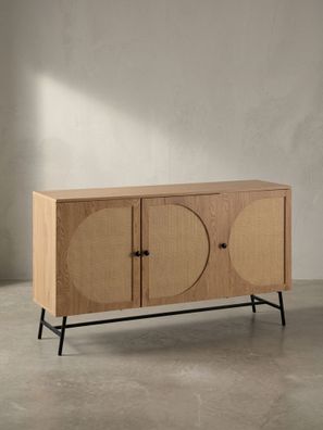 Sideboard - Eiche-Dekor/Rattan, 140x80x39cm, 3 Türen, hoch