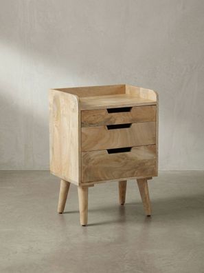 Nachttisch - Mango Massivholz, 45x33x63cm, Hellbraun, 3 Schubladen, Ablage