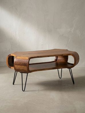 Couchtisch Rechteckig, Massivholz & Metall, Stauraum, Haarnadelbeine, 100x60x47cm