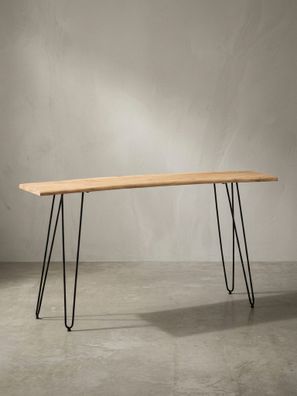 Schreibtisch - Massivholz/Metall, 150x36x75cm, Baumkante, Haarnadelbeine