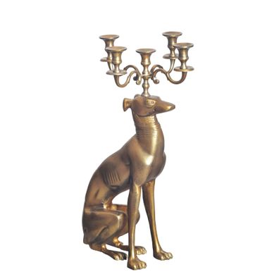 Dekofigur Kerzenhalter Windhund Aluminium Gold 69cm mit 5 Armen
