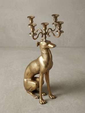 Dekofigur Kerzenhalter Windhund Aluminium Gold 69cm mit 5 Armen