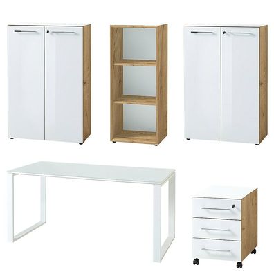 Büro-Set Muenchen 5-teilig, Schreibtisch 160x80 cm, Glasfront & abschließbar