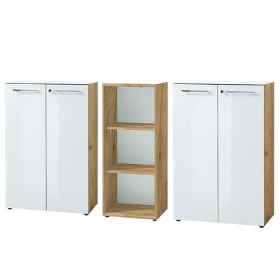 Büro-Set Muenchen 3-teilig, 2 Kommoden & Regal, Glasfront, Gesamtbreite 240 cm