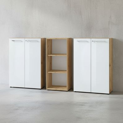 Büro-Set Muenchen 3-teilig, 2 Kommoden & Regal, Glasfront, Gesamtbreite 210 cm