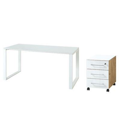 Schreibtisch-Set Muenchen 2-teilig, Glasplatte & Container, Soft-Close, 160x75x80 cm