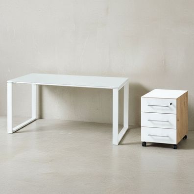 Schreibtisch-Set Muenchen 2-teilig, Glasplatte & Container, Soft-Close, 160x75x80 cm