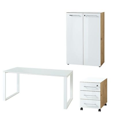 Büro-Set Muenchen 3-teilig, Schreibtisch 160x80 cm, Schrank & Container, Glasfront