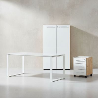 Büro-Set Muenchen 3-teilig, Schreibtisch 160x80 cm, Schrank & Container, Glasfront