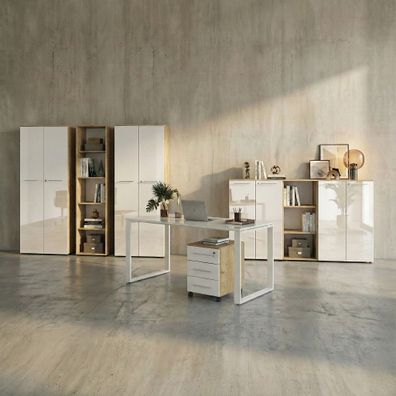 Büro-Set Muenchen 8-teilig, Schreibtisch 160x80 cm, Glasfront & abschließbar