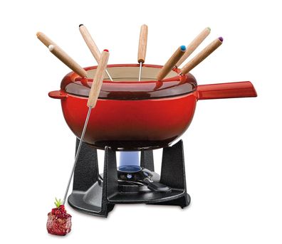 Spring Fondue-Set Saas-Fee rot Gusseisen-Topf ß 20 cm 8 Gabeln Rechaud