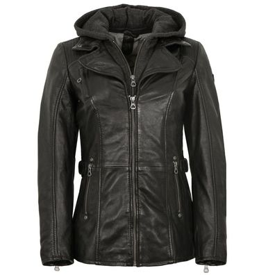 Gipsy - Damen Lederjacke Bikerjacke Lammnappa Kapuze schwarz